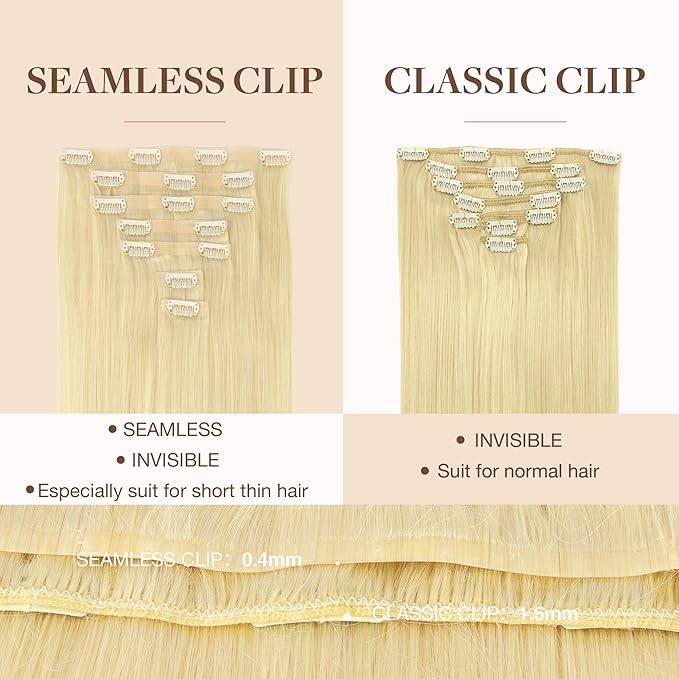 GOO GOO Clip in Hair Extensions Real Human Hair, Remy Human Hair Extensions Clip ins for Women, Natural Human Hair, 24inch 120g 7Pcs, 613R Bleach Blonde