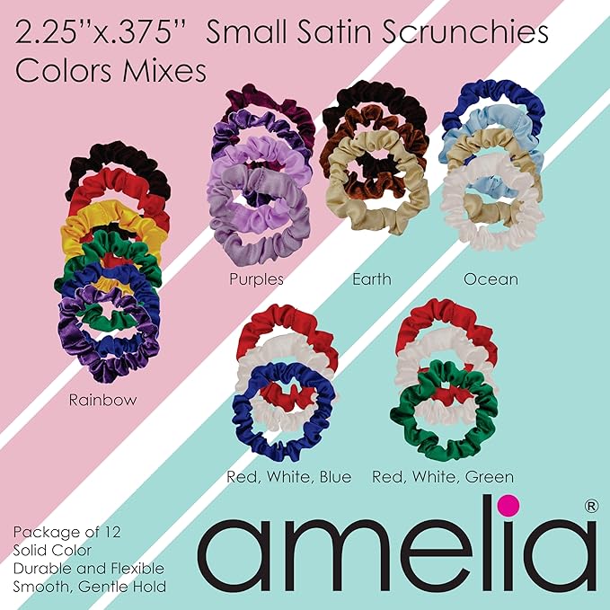 Amelia Beauty, Red Satin Small Scrunchies, 12-Pack – No Damage Hair Ties for Women, Gentle & Durable Hair Accessories, 2.5in x 0.5in