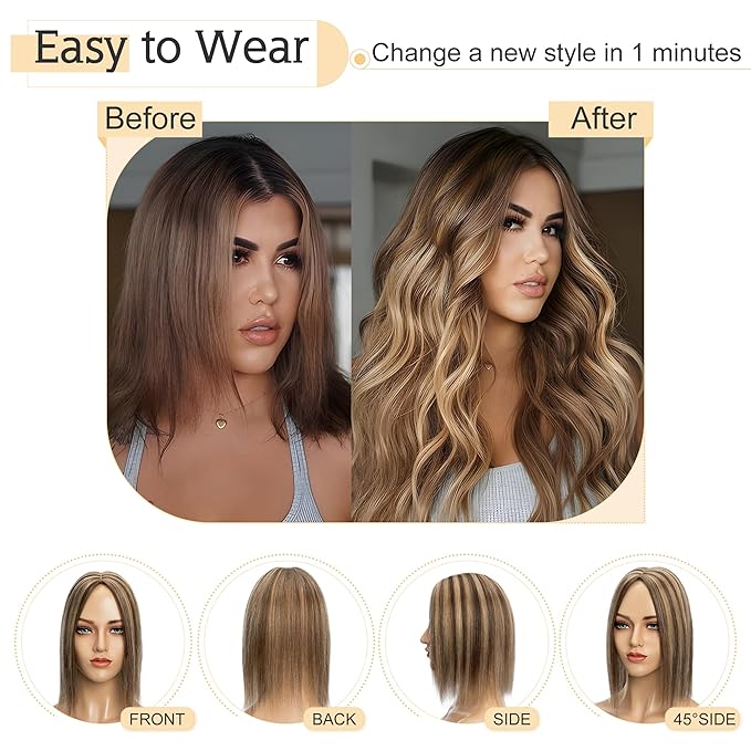 SEGO Human Hair Toppers for Women With Thinning Hair, 7 * 13CM Silk Base 100% Real Human Hair Clip in Top Wiglet Hairpieces -10 Inch No Bangs 4P27 Medium Brown&Dark Blonde