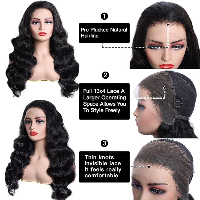 Lemoda Malaysian Body Wave 13x4 Full Lace Frontal Virgin Human Hair Wigs 210% Density Body Wave HD Transparent Lace Front Wig 26Inch Unprocessed Virgin Human Hair Natural Black