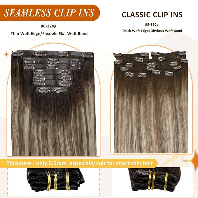 Full Shine Brown Extensions clip in Balayage Brown with Blonde Seamless Hair Extension Short 12 Inch Hair Extensions Clip in Human Hair for Women 12 Inch 95 Grams 8 PCS