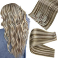 Full Shine Blonde Highlights Clip in Extensions Seamless Human Hair Clip ins Light Brown with Platinum Blonde Extensions Clip ins for Women Full Head 18 Inch 8 PCS 120 G