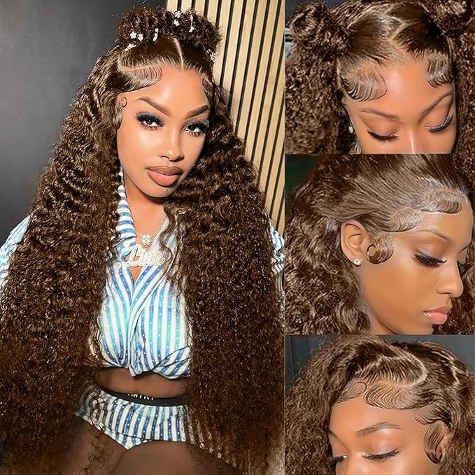 250% Density 36 Inch 13x6 FULL SKINLIKE HD Chocolate Brown Deep Curly lace front wigs Pre Plucked Real 0.10mm Ultra-thin Invisible Water Wave HD Lace Front Wigs Human Hair Small Knots Full Virgin Hair