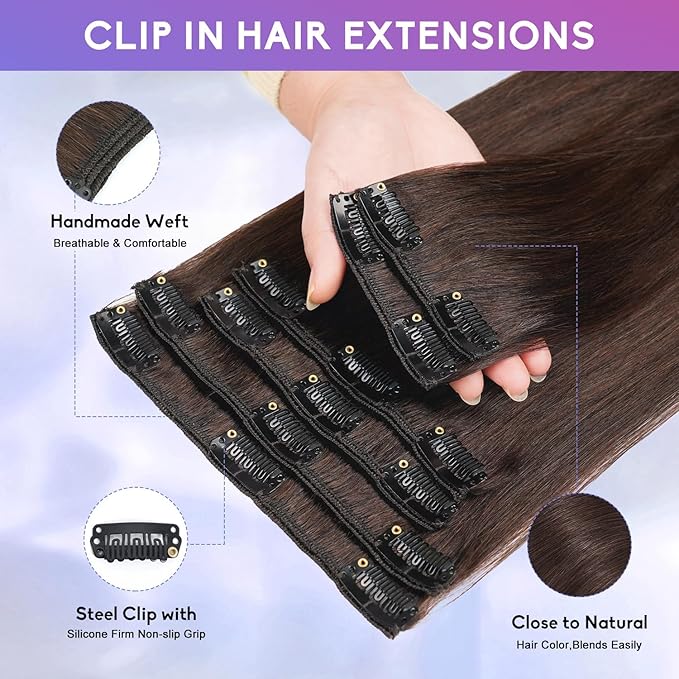 Dark Brown Clip in Hair Extensions Real Human Hair Invisible Seamless Remy Human Hair Clip in Extensions for Women 20Inch 105g, 8pcs Per Set with Double Weft