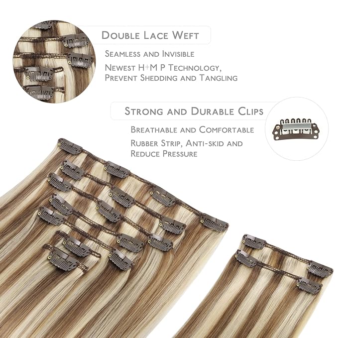 WENNALIFE Hair Extensions Clip In, 9pcs 24inch 150g Ash Brown Highlighted Golden Blonde Thicker Clip In Hair Extensions Real Human Hair Remy hair extension Double Weft Clip in Human Hair Extensions