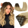 PINKPEARL Clip in Hair Extensions Real Human Hair, Remy Human Hair Extensions Clip ins, 14inch 120g 7Pcs, #4/27/60 Balayage Chocolate Brown to Caramel Blonde and Platinum Blonde(#4/27/60-14)