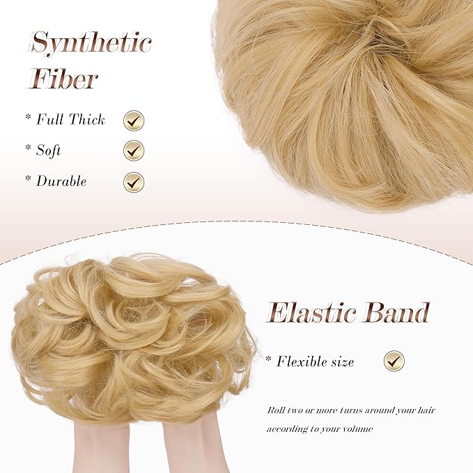 FESHFEN Messy Bun Hair Piece - Elastic Wavy Curly Hair Bun Scrunchies Extensions Synthetic Chignon Hairpieces for Women, Champagne Blonde 1.5 oz
