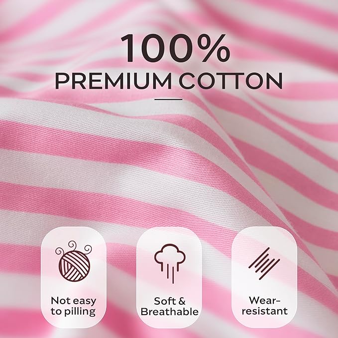 JELLYMONI 100% Natural Cotton Striped King Pillowcases Set, 2 Pack Pink Striped Pattern Printed Pillow Covers with Envelope Closure(Pillows are not Included)