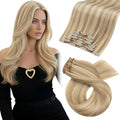 Moresoo Blonde Clip in Hair Extensions Highlights Remy Double Weft Human Hair Clip in Extensions Dark Ash Brown with Golden Blonde Full Head 7pcs 120g 22inch
