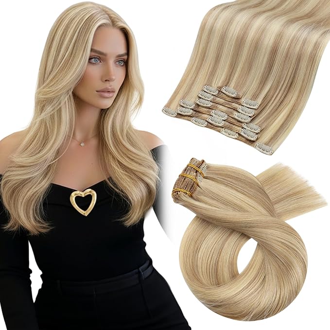 Moresoo Blonde Clip in Hair Extensions Highlights Remy Double Weft Human Hair Clip in Extensions Dark Ash Brown with Golden Blonde Full Head 7pcs 120g 22inch