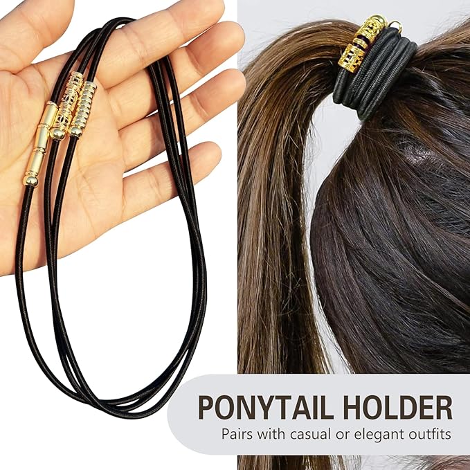 Black Extra Large Long Bracelet Hair Ties for Thick Curly Hair, 3 Pack 3mm Elastic Ponytail Holders Accessories for Women No Damage Stretchy Pony Tails Bands with Gold Metal Charms Beads