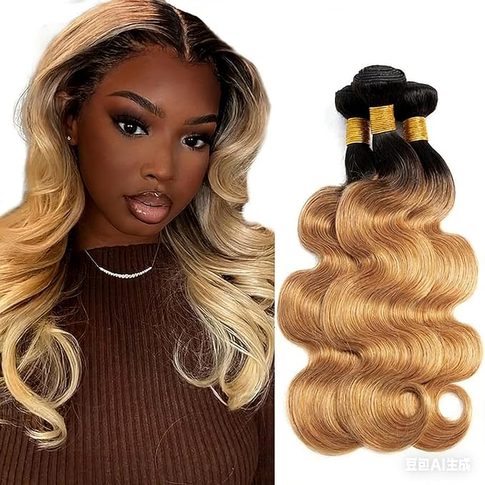 Ombre Blonde Bundles Human Hair 1b27 Body Wave Bundles 20 22 24 Inch 2 Tone Black and Honey Blonde Body Wave Bundle Brazilian Virgin Soft and Silky Remy Hair Extensions 150g