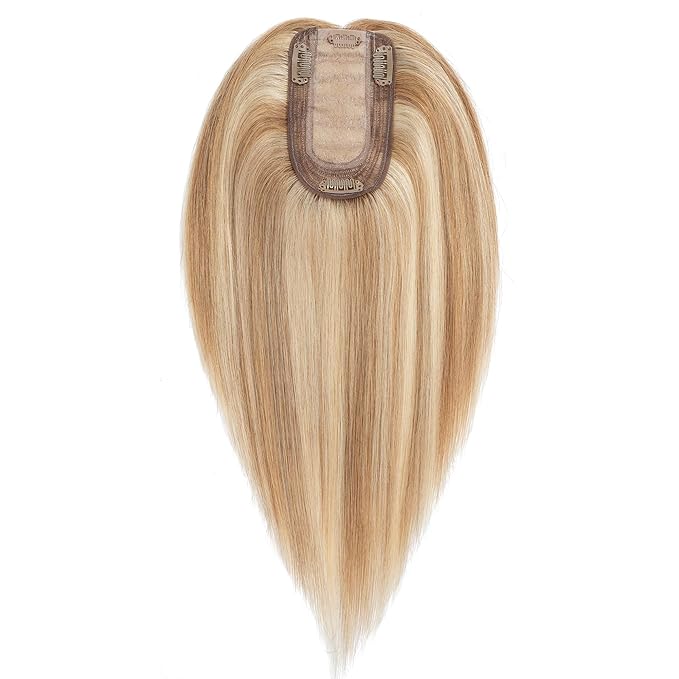 SEGO Human Hair Toppers for Women With Thinning Hair, 7 * 13CM Silk Base 100% Real Human Hair Clip in Top Wiglet Hairpieces -6 Inch No Bangs Golden Brown&Bleach Blonde