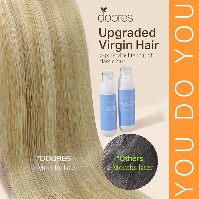 DOORES Seamless Clip-in Hair Extensions, Light Blonde Highlighted Golden Blonde 130g 9pcs 14 Inch, Invisible Edge Virgin Human Hair Extensions