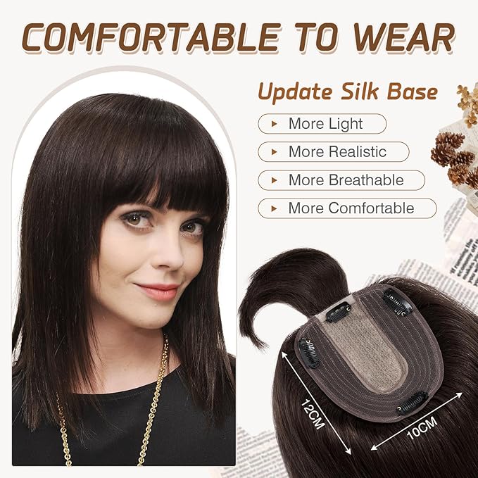 Rich Choices Real Human Hair Toppers for Women With Bang 100% Remy Human Hair Topper for Thinning Hair Clip in Silk Base Hair Topper 14 Inch #2 Dark Brown