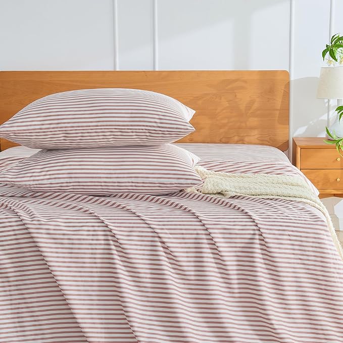 JELLYMONI 100% Natural Cotton Striped Standard Pillowcases Set, 2 Pack White and Pink Stripes Pattern Printed Pillow Covers with Envelope Closure(Pillows are not Included)