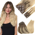 GOO GOO Clip in Hair Extensions Real Human Hair, Remy Human Hair Extensions Clip ins for Women, Natural Human Hair, 14inch 150g 9Pcs, 4/18 Balayage Chocolate Brown Highlighted Dirty Blonde