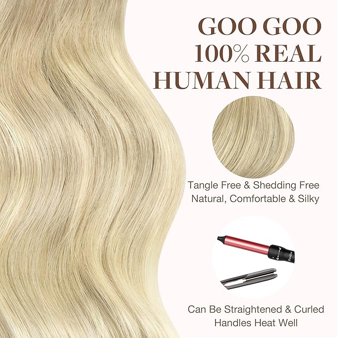 GOO GOO Tape in Hair Extensions Human Hair, 18ET90A Natural Blonde Balayage, 24inch 30g 10pcs, Skin Weft Seamless Invisible, Silky Straight with Thick Ends, Remy Human Hair