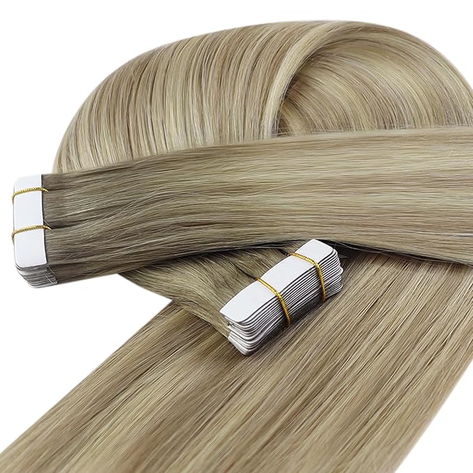 YoungSee Tape in Hair Extensions Human Hair Blonde 24 Inch Tape in Extensions Ash Blonde Ombre Platinum Blond Balayage Tape-on Hair Extension Real Human Hair Tapes ins Human Hair 24In 50g 20pcs