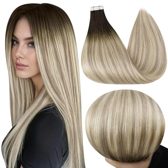 Full Shine Tape in Extensions Real Human Hair 14 Inch 20 Pcs 50 Gram Brown Fading to Ash Brown and Platinum Blonde Balayage Tape in Hair Extensions Skin Weft Hair Extensions Tape ins