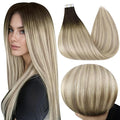 Full Shine Tape in Hair Extensions Human Hair 50 Gram Darkest Brown Fading to Ash Blonde and Platinum Blonde Skin Weft Tape in Extensions 16 Inch Double Sided Tape ins Extensions Remy 20Pcs