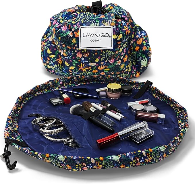 Lay-n-Go Cosmo Layflat Drawstring Cosmetic & Makeup Bag Organizer - Portable Drawstring Makeup Bag w/Zipper Pocket, Loops & More -Durable, Machine Washable Toiletry Bag (20", Butterfly Small Floral)