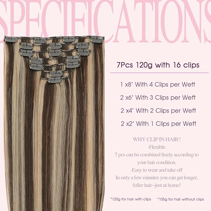 PINKPEARL Clip in Hair Extensions Human Hair 20inch 120g 7pcs Remy Human Hair Extensions Clip in #4P27 Chocolate Brown Highlighted Caramel Blonde Clip Hair Natural Human Hair(#4P27-20)