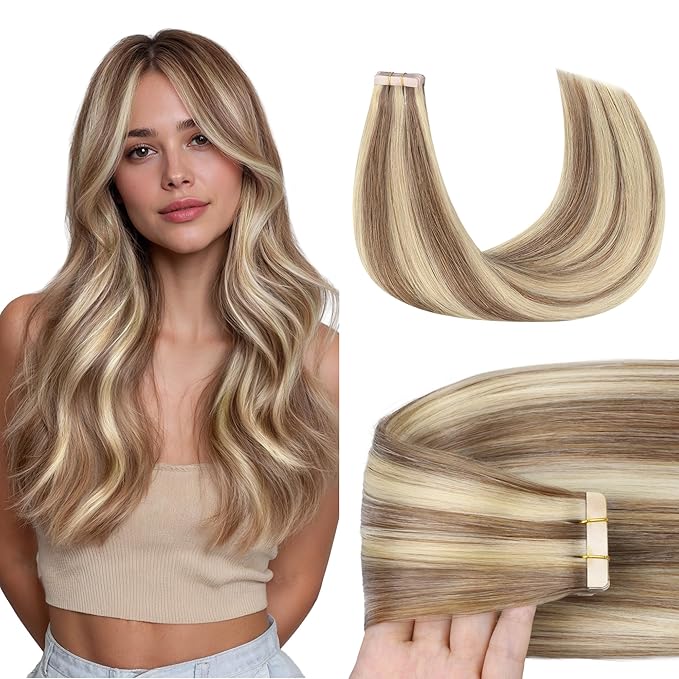 GOO GOO Tape in Hair Extensions Human Hair, 8B/60B Golden Blonde Highlights, 16inch 50g 20pcs, Skin Weft Seamless Invisible, Silky Straight with Thick Ends, Remy Human Hair