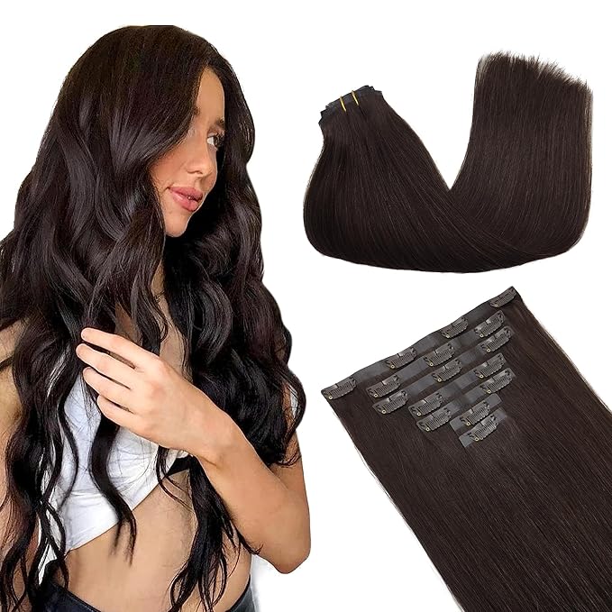 GOO GOO Clip in Hair Extensions Real Human Hair, Remy Human Hair Extensions Clip ins for Women, Natural Human Hair, 18inch 130g 7Pcs, 2A Light Brown