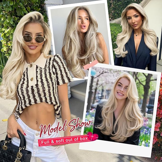 ALXNAN Long Wavy Hair Extensions for Women, Clip in Hair Extensions Clip Ins Soft Full Head Synthetic Hairpieces 20 Inch Platinum Blonde