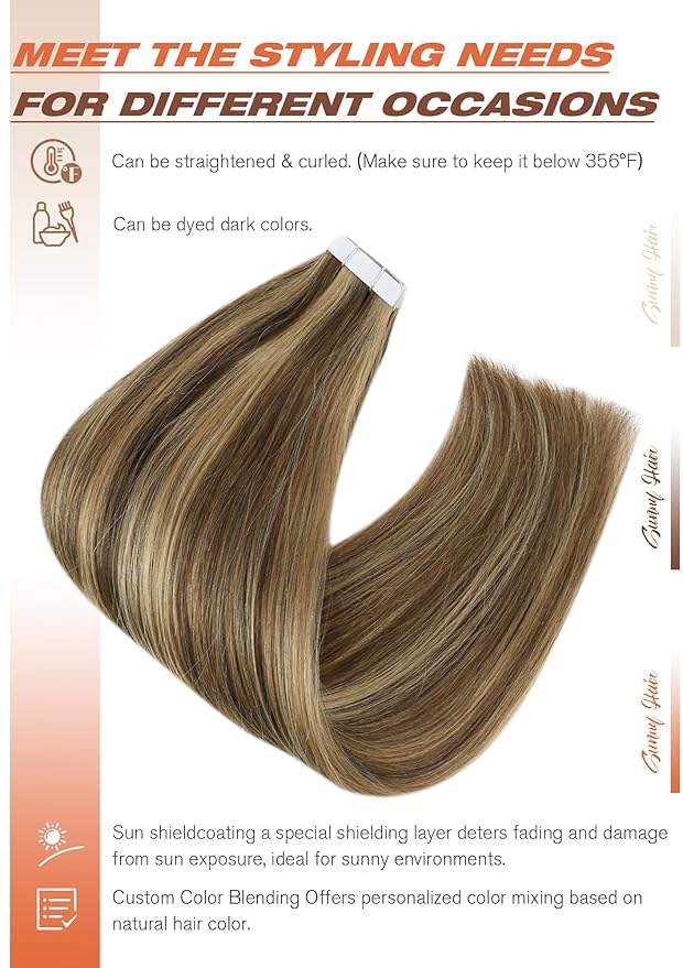 Sunny Hair Tape in Hair Extensions Real Human Hair Invisible Remy Hair Extensions Tape ins for Women Dark Brown Highlight Caramel Blonde 12 inch 20Pcs