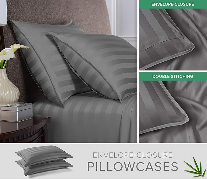 King Pillowcases by Pure Bamboo, Genuine 100% Organic Viscose Derived from Bamboo, Luxuriously Soft & Cooling, Double Stitching, Envelope Closure (2 King Pillowcases, Jacquard Stone)