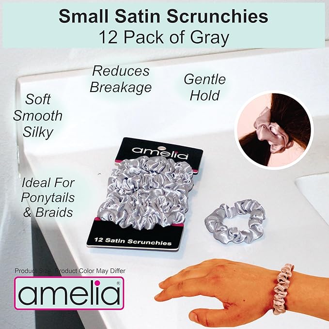 Amelia Beauty, Grey Satin Small Scrunchies, 12-Pack – No Damage Hair Ties for Women, Gentle & Durable Hair Accessories, 2.5in x 0.5in