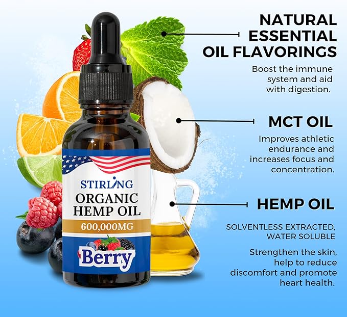 STIRLING Organic Hemp Oil - 600,000mg Natural Berry Flavor - Enhances Sleep and Helps Reduce Discomfort - THC-Free, Non-GMO, Gluten-Free, High in Omega 3 6 9 - Premium U.S. Hemp Seed Oil