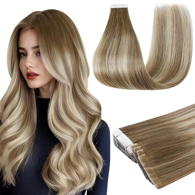 Full Shine Seamless Tape in Human Hair Extensions Color Dark Brown 3 Fading to 8 and 22 Blonde Injected Machine Remy Invisible Tape in Hair Extension 22 Inch for Woman 20 Pcs 50G Add Length