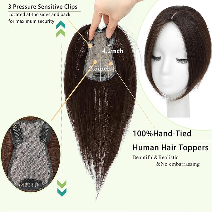 Hair Toppers for Women Real Human Hair, 360°3D Bangs Clip Human Toppers for Women with Thinning hair Realistic Scalp Line (Dark Brown, 3D Side Bangs (11 * 7))