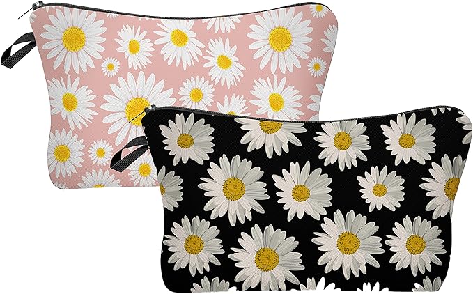 2 Pcs Cosmetic Bag for Women Small Make Up Bag Waterproof Travel Toiletries Pouch with Zipper for Organizing Small Items, Gift Bags for Birthday Christmas(Daisy Flower 1)