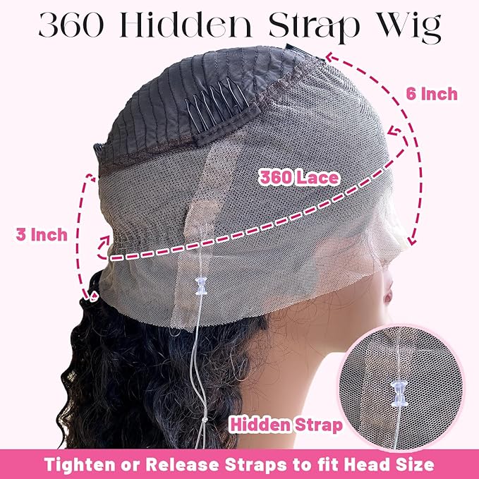 360 Glueless Drawstring Wig Human Hair 20 Inch Pre Plucked Hidden Strap 360 Water Wave Lace Front Wigs,180% Density Curly Wet and Wavy HD Full 360 Lace Frontal Human Hair Wig