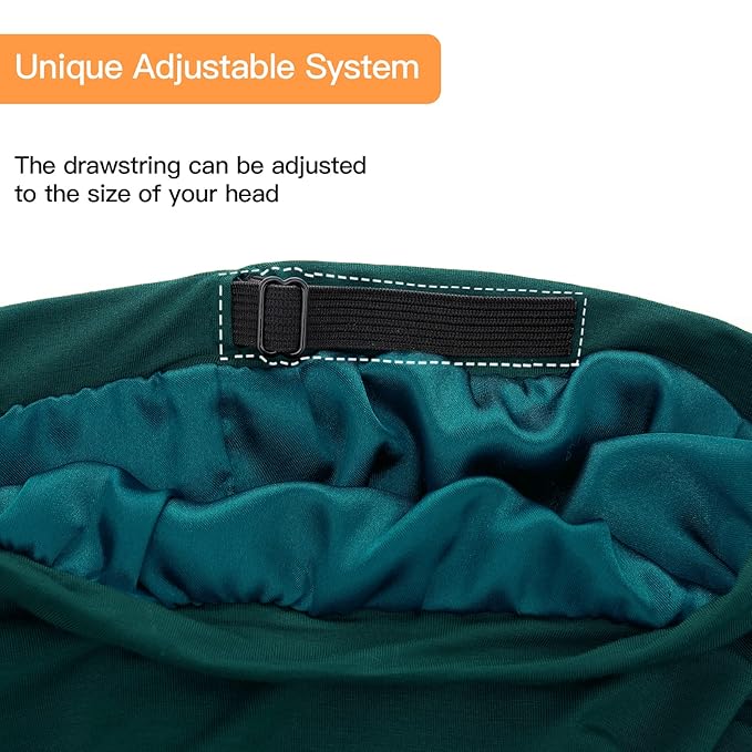 Silk Satin Lined Bonnet Sleep Cap - Adjustable Stay on All Night Hair Wrap Cover Slouchy Beanie for Curly Hair Protection for Women and Men - Solid Forrest Green