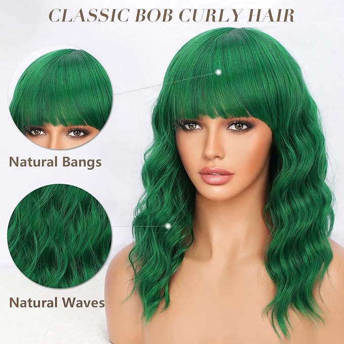 Nnzes Short Wavy Bob Wig with Bangs for Women Shoulder Length Curly Green Synthetic Heat-Resistant Fiber Hair for Daily & Party Use