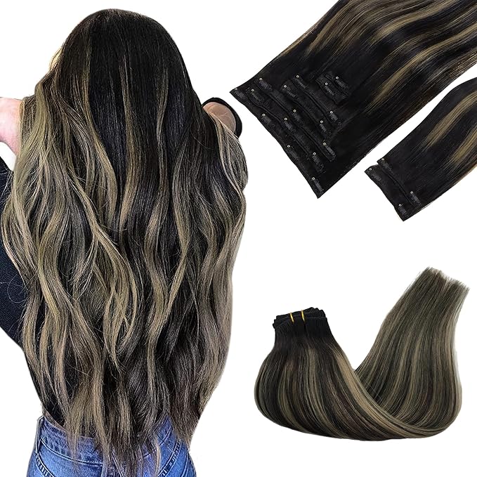 GOO GOO Clip in Hair Extensions Real Human Hair, Remy Human Hair Extensions Clip ins for Women, Natural Human Hair, 14inch 150g 9Pcs, 1B/16/1B Balayage Natural Black to Light Blonde