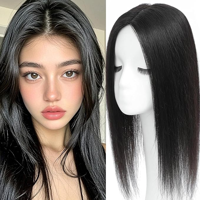 Hair Toppers for Women Real Human Hair, 360°3D Topper for Women with Thinning Crown Wispy Clip in Bangs Breathable Hand Tied Craft Big Coverage Hairpieces(Black（Big Coverage）, 16 Inch-3D-Side)
