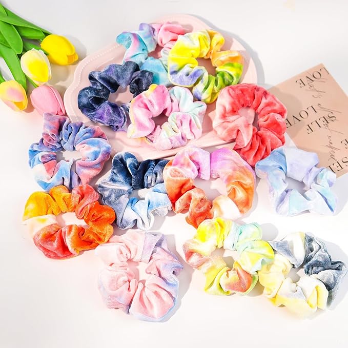 Velvet Hair Scrunchies for Girls and Women, Premium Elastic Tie-Dye Scrunchies and Ponytail Holders - 12 Colors