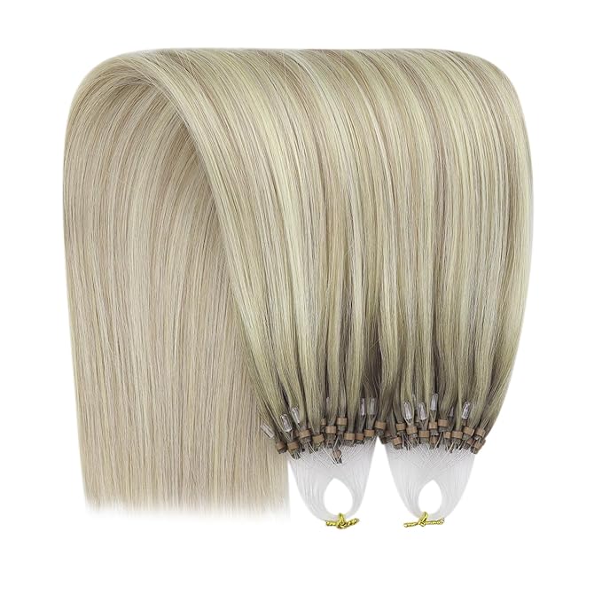 YoungSee Micro Loop Hair Extensions Real Human Hair Blonde Bead Hair Extensions Human Hair Ash Blonde Ombre Platinum Blond Microbead Human Hair Extension Balayage for Adding Hair Length 22In 50s/50g