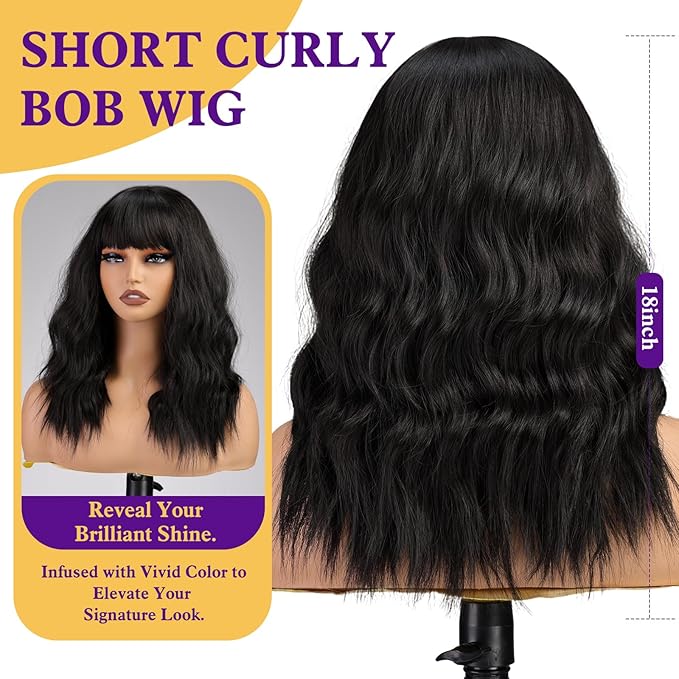 Black Wig with Bangs,Black Wavy Wigs for Women,Shoulder Length Curly Synthetic Hair Wig for Party Daily Use 18IN…