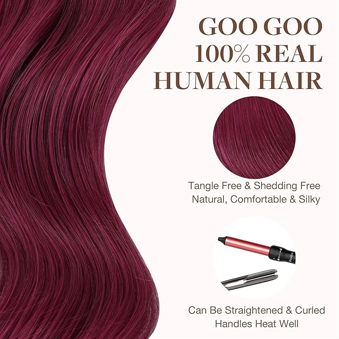 GOO GOO Tape in Hair Extensions Human Hair, Burgundy, 14inch 50g 20pcs, Skin Weft Seamless Invisible, Silky Straight with Thick Ends, Remy Human Hair