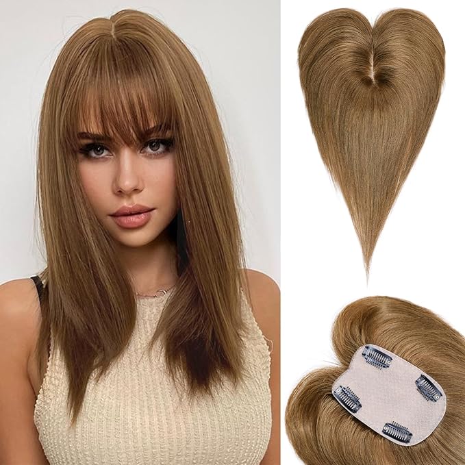 VERNA Real Human Hair Topper, 10 Inch 100％ Human Hair Toppers for Women with Thinning Hair, Large area Coverage Light Brown Hairpiece Wiglet for Daily Wear(8 * 11)