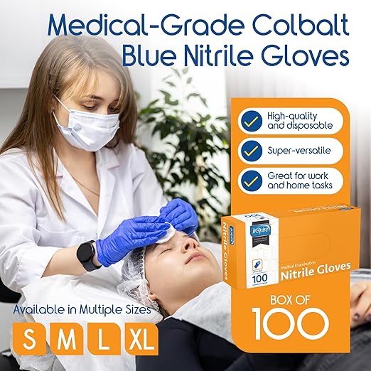 Inspire Black Nitrile Disposable Gloves | 4.5 Nitrile Safety Medical Exam Cooking Cleaning Disposable Black Gloves (Blue - Box of 100, Medium)