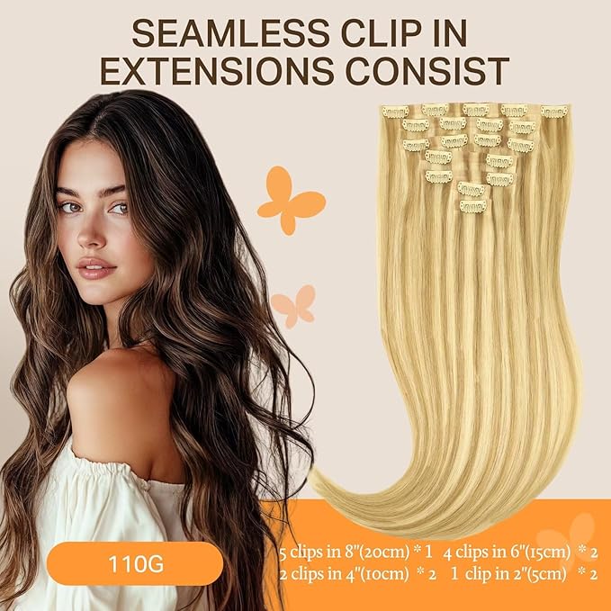 DOORES Hair Extensions Seamless Clip in Real Human Hair, DirtyBlonde Highlight Golden Blonde 24 Inch 120g 7pcs, Human Hair Extensions Skin Weft Remy Straight Hair Invisi Edge Hair Extensions