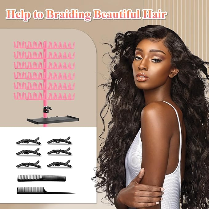 Braiding Hair Rack with Tray, 144 Pegs Height Adjustable Braiding Rack, 2-side Hair Extension Holder Hanger, Hair Stand with Stylist Hair Braiding Tools for Hair Salon Home Traveling (Pink)